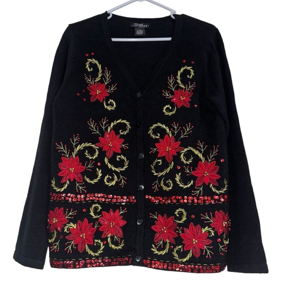 SML Design Womens Beaded Cardigan Sweater Sz M Ramie Cotton Blend Holiday